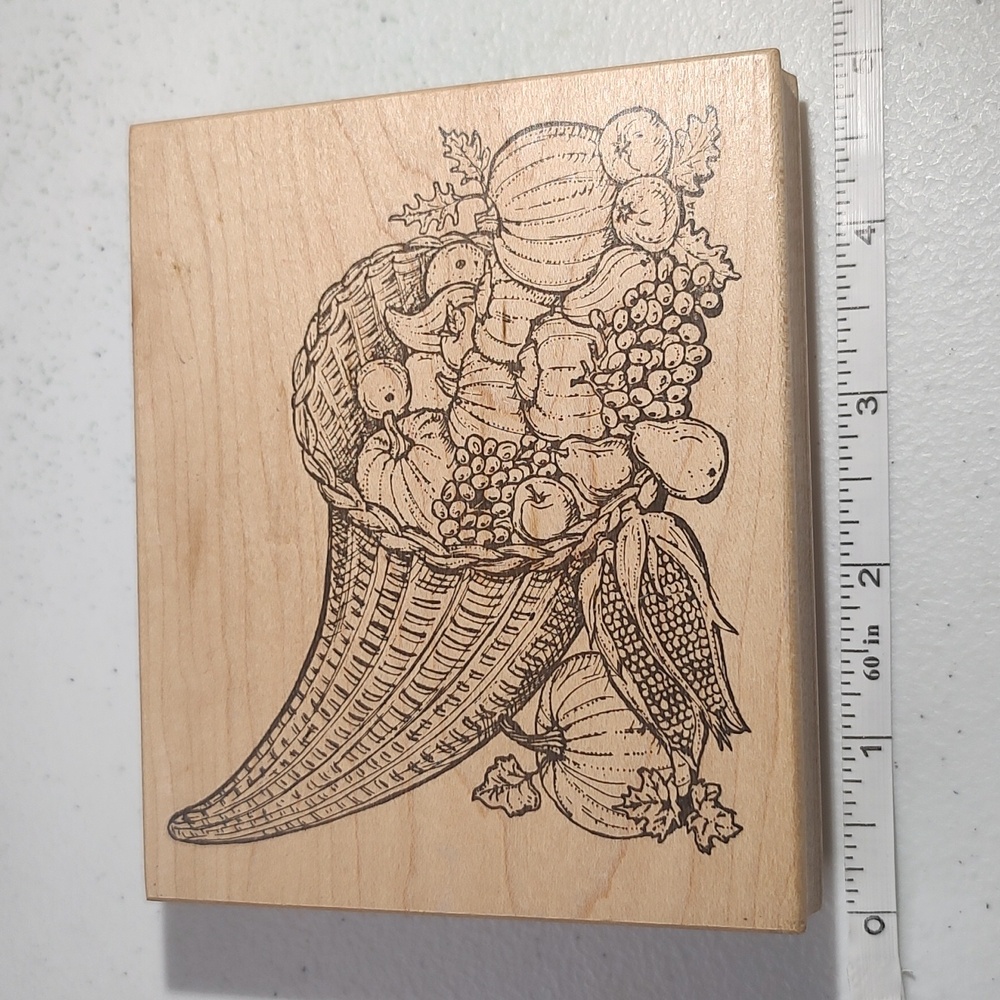 Cornucopia Rubber Stamp, Wood Mounted, Pumpkins, Corn, Squash, Leaves, Apples